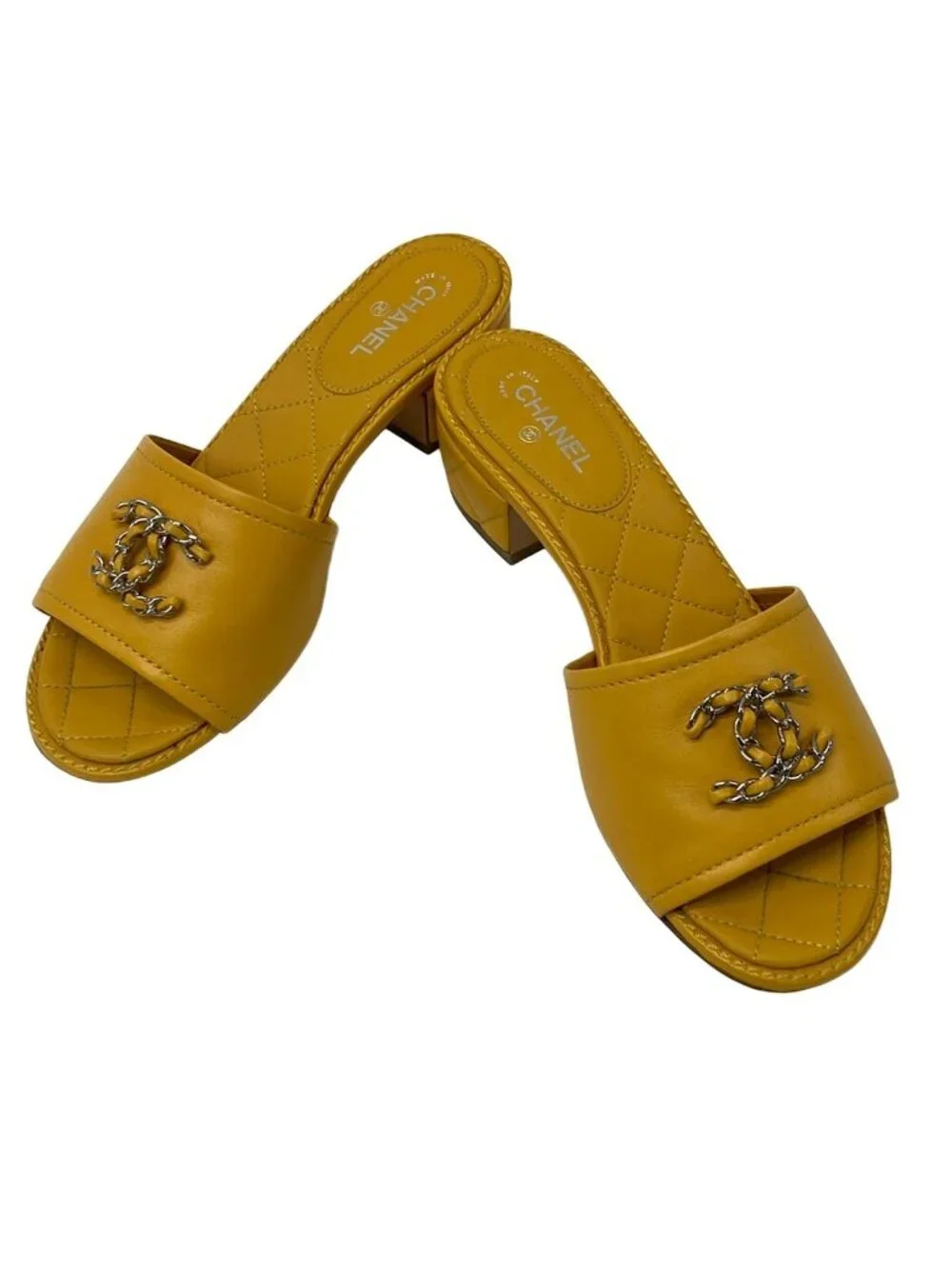 Chanel Mules CC Logo Mustard Chain Quilted Leather